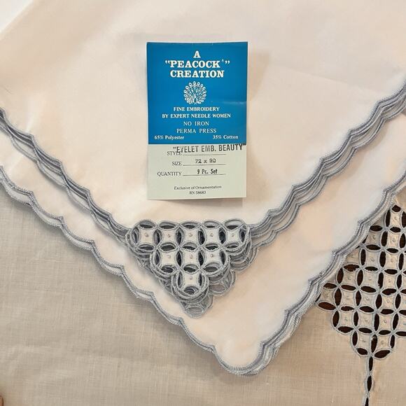 Vintage 9 Piece Blue Eyelet Embroidered Tablecloth Napkin Peacock Creation 72x90 - Picture 6 of 7